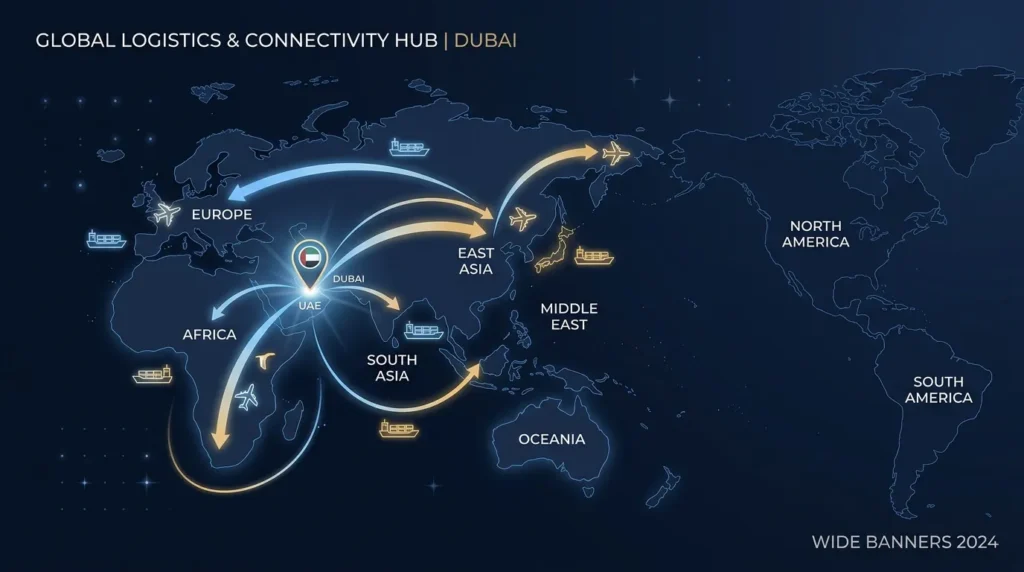 Map showing Dubai as a global logistics and connectivity hub