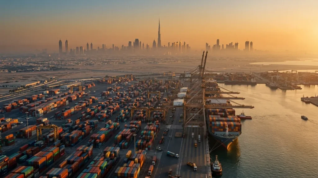 Dubai skyline at sunset with port containers – clearing and forwarding companies Dubai