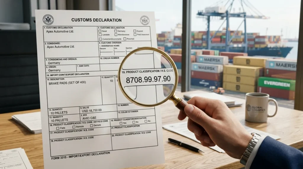 Customs declaration form showing HS code product classification with magnifying glass