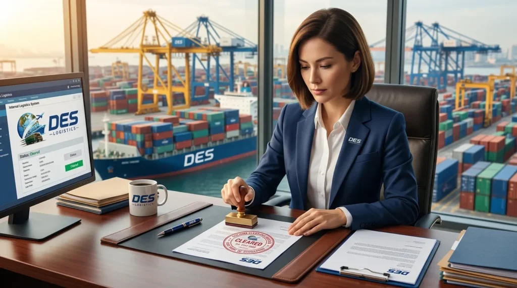 Custom clearance agent in Dubai stamping shipping documents at an office desk