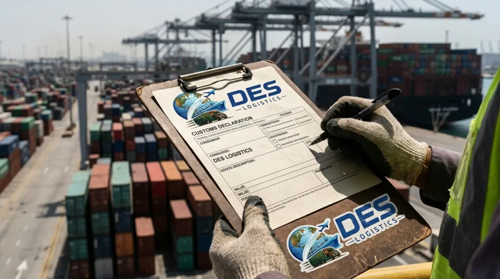 Aerial view of Dubai port with shipping containers and cranes - customs clearance procedure