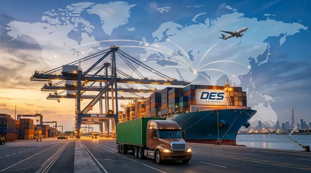 UAE port with cargo ship and crane representing international import export trade