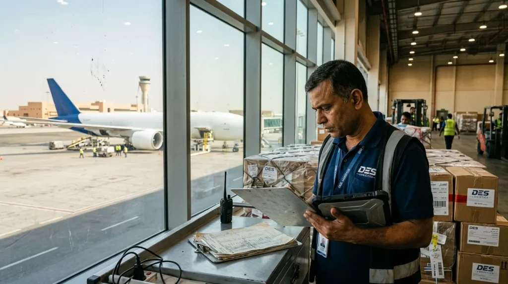 Cargo agent reviewing air cargo documents at Dubai airport cargo terminal with cargo plane in background
