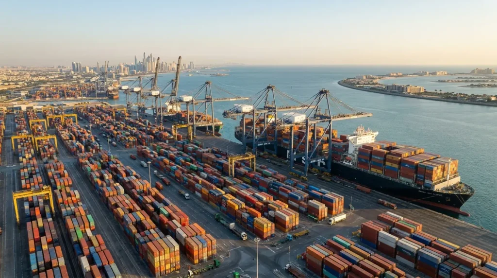 Aerial view of Jebel Ali Port and Dubai skyline for clearing and forwarding companies