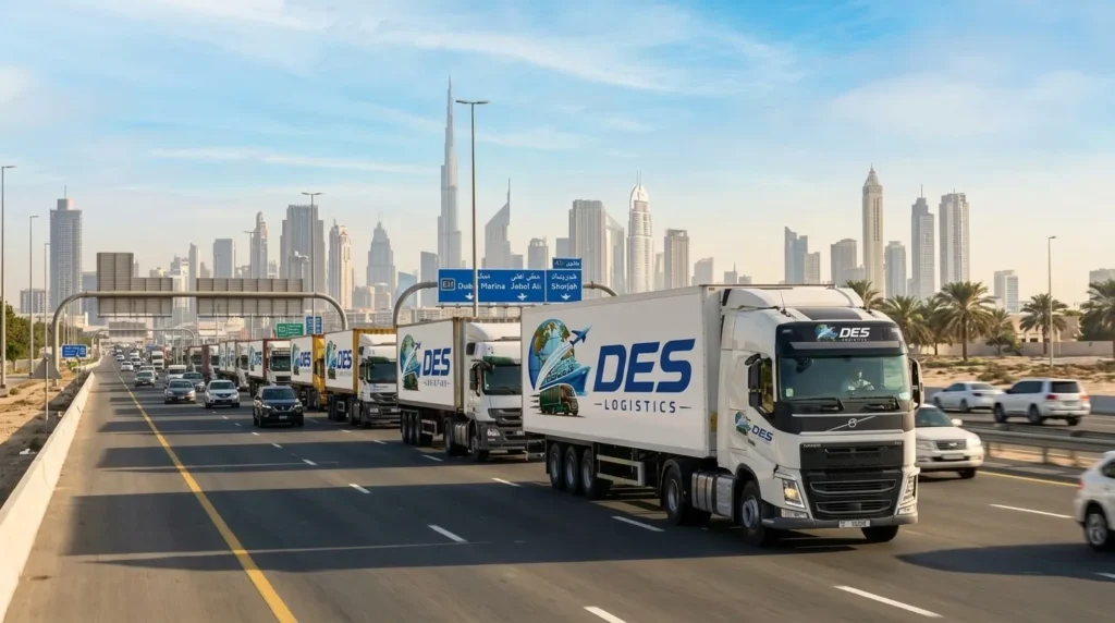 DES Logistics truck convoy on Dubai highway with skyline