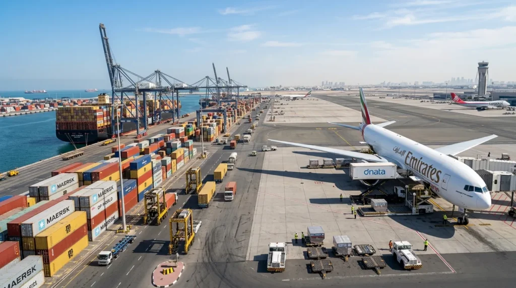 Dubai port and airport cargo operations – Maersk containers and Emirates cargo plane
