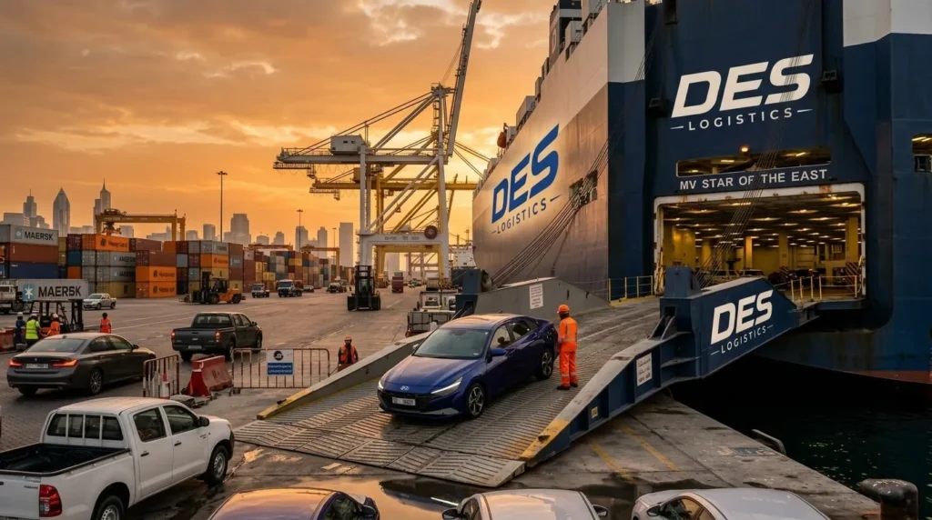Des Logistics RoRo ship MV Star of the East loading car at Dubai port sunset