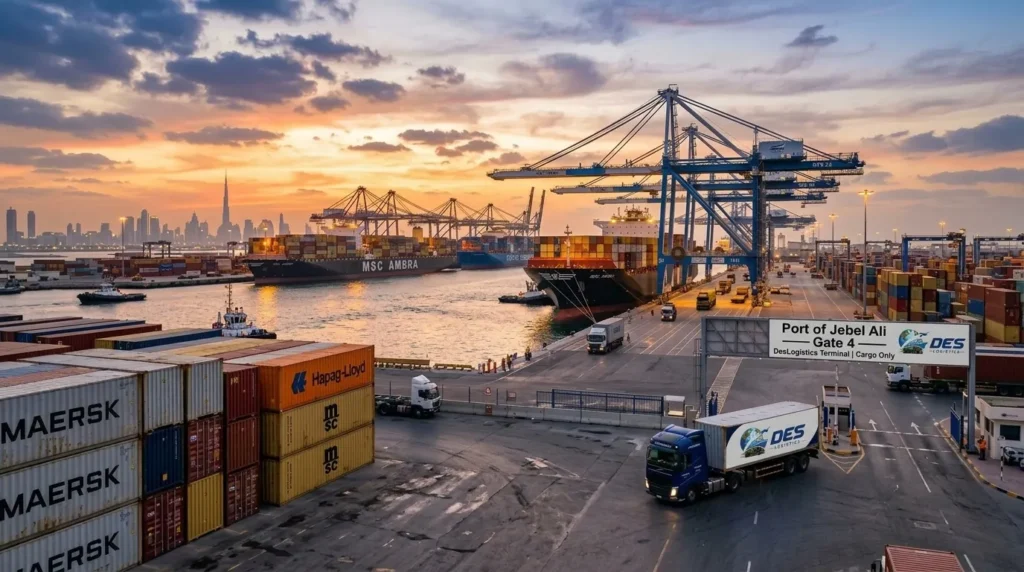 Des Logistics truck at Port of Jebel Ali gate with container ships at sunset