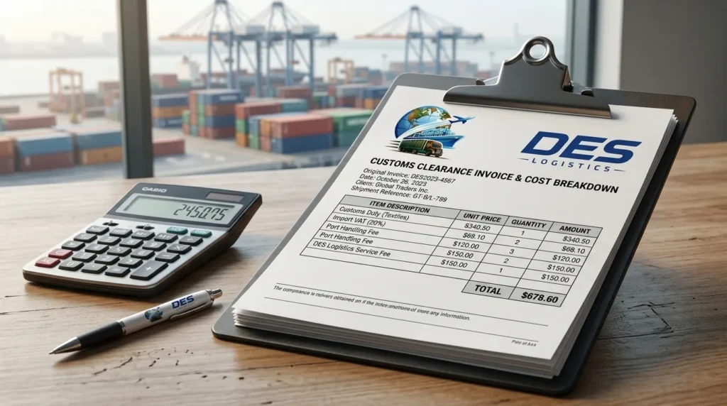 DES Logistics customs clearance invoice and cost breakdown at a Dubai port