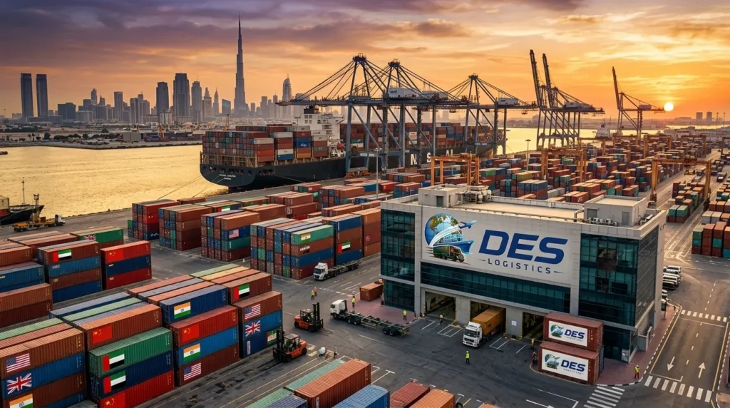 Import export companies in Dubai — DES Logistics port complex with international trade containers