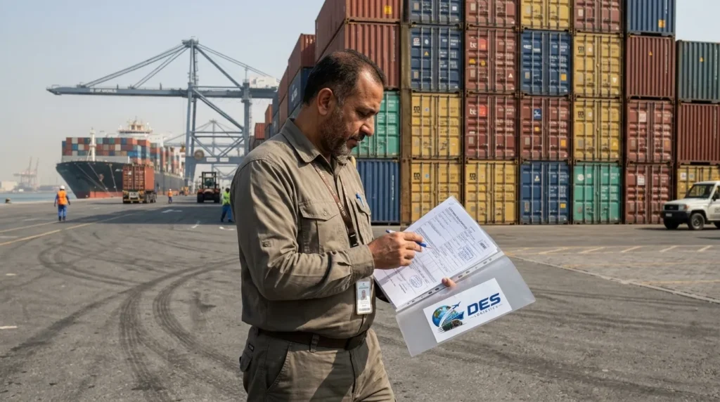 Customs clearing agent reviewing documents at Dubai port with shipping containers in background - DES Logistics