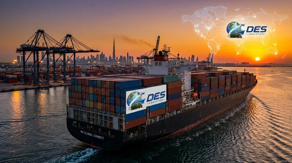 DES Logistics container ship MV Global Connect at Dubai port sunset