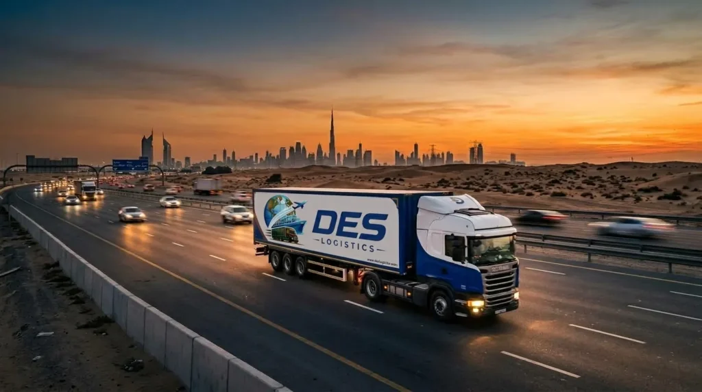 DES Logistics truck driving on Dubai highway at sunset
