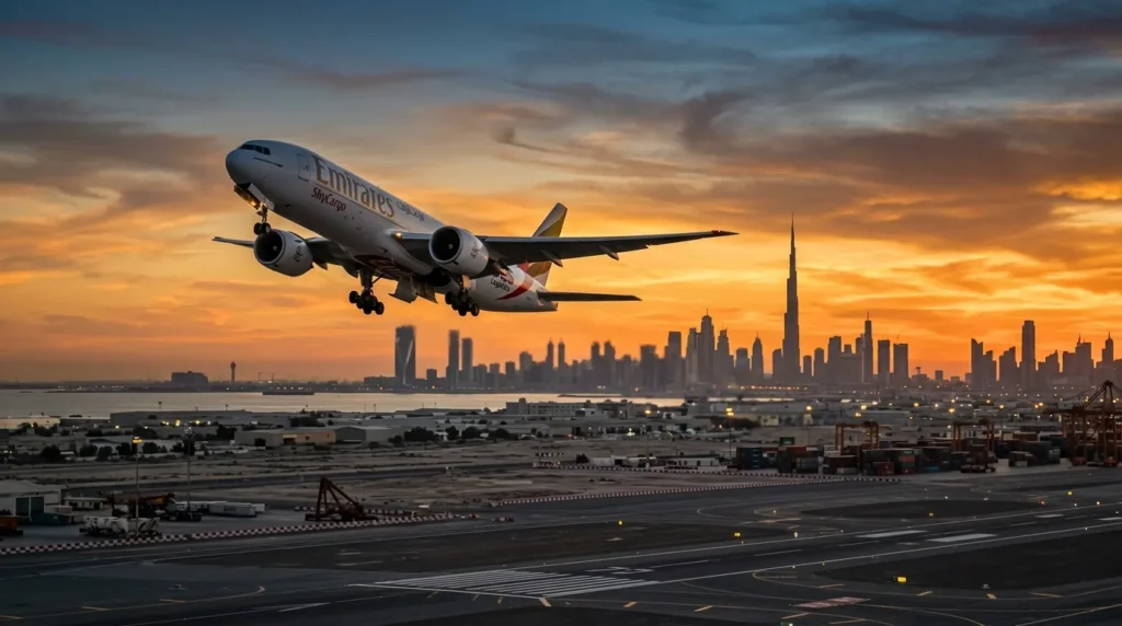 Emirates SkyCargo plane taking off with Dubai skyline at sunset – air freight forwarders Dubai