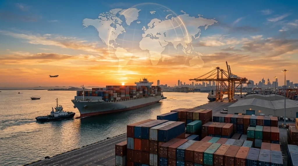 Cargo ship departing UAE port symbolizing global import export trade