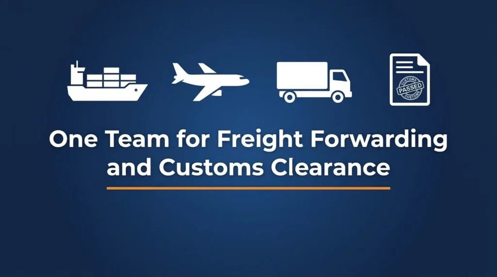 One team for freight forwarding and customs clearance banner with ship, plane, truck and customs document icons
