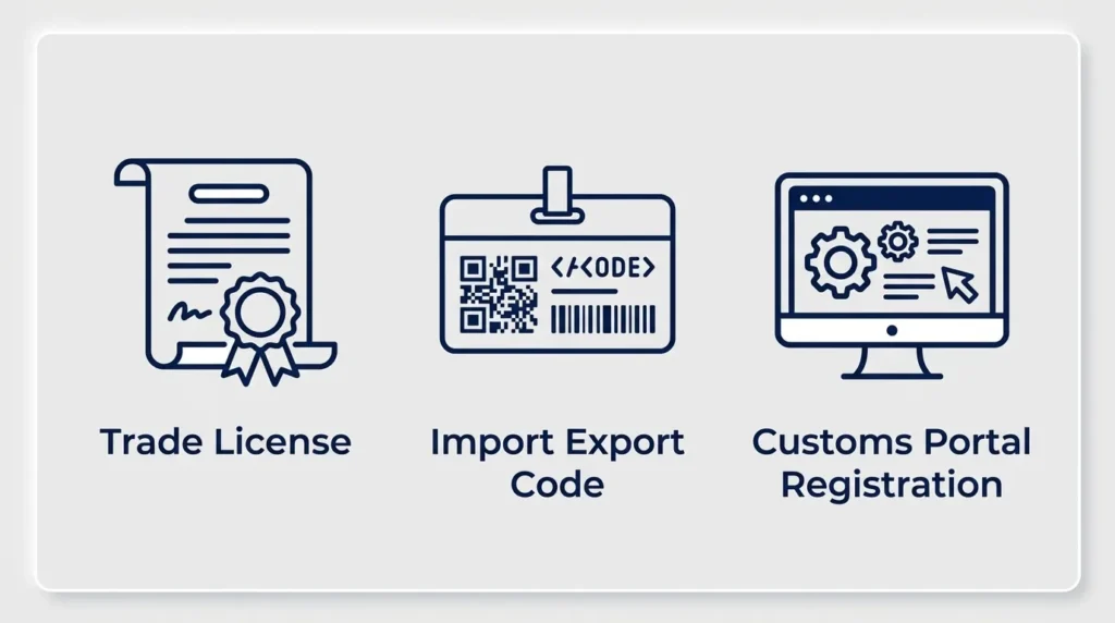 Infographic showing UAE import export registration requirements - trade license, import export code, customs portal registration