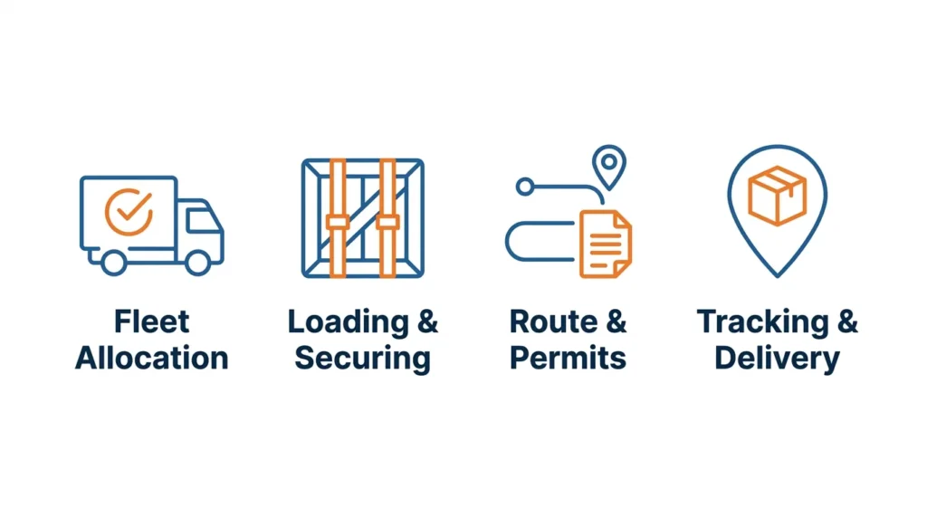Icons showing four steps of the road freight process