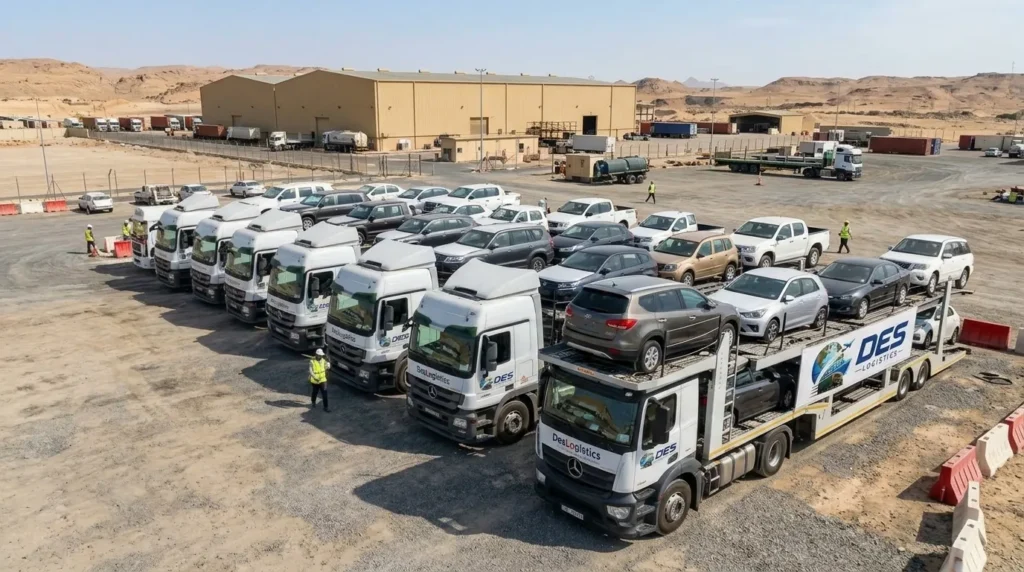Des Logistics fleet of car carrier trucks loaded with vehicles at desert yard