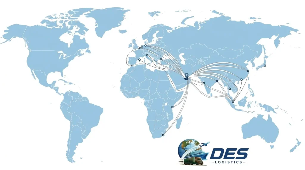 Des Logistics global shipping routes map from UAE to Europe Africa and Asia