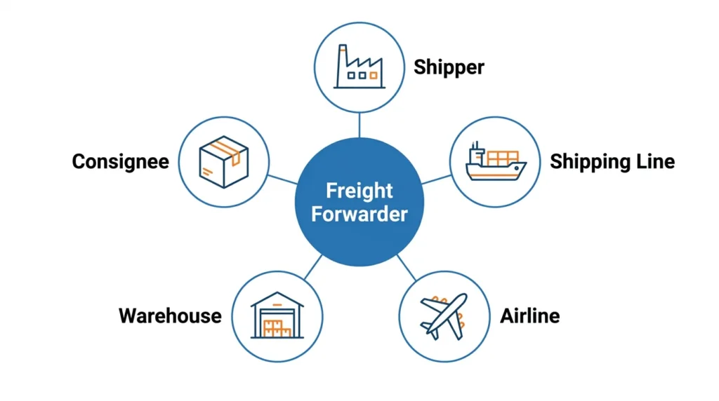 Diagram of a freight forwarder connecting the shipper, shipping line, airline, warehouse and consignee