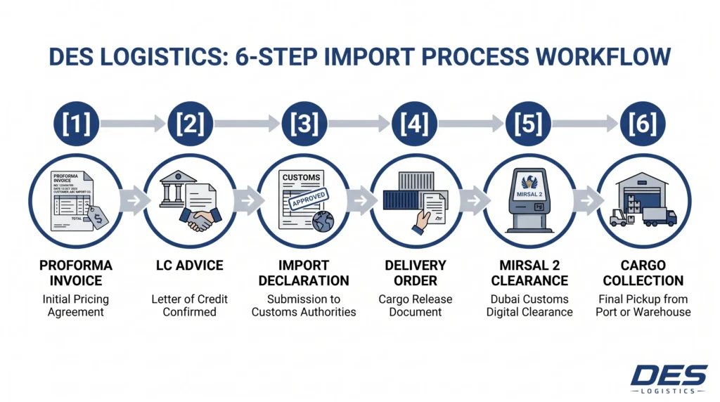 6-step flowchart of FCL sea import process in UAE - from proforma invoice to cargo collection