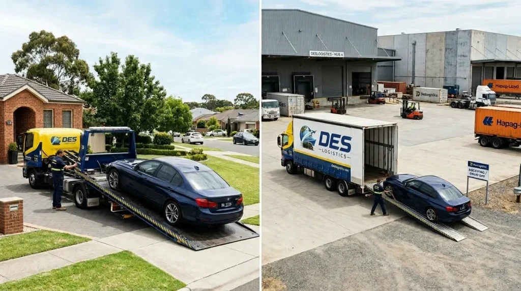 Des Logistics vehicle pickup from home and delivery to warehouse hub