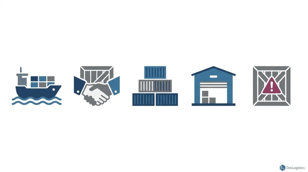 Des Logistics service icons – shipping, partnership, containers, warehousing, dangerous goods