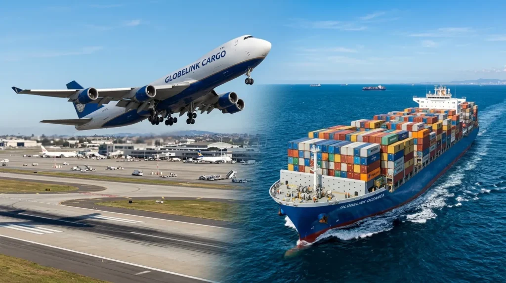 Air freight cargo plane and ocean freight container ship side by side