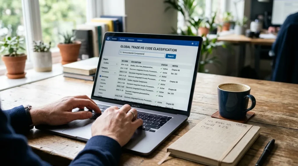 Searching for a product HS code classification on a laptop lookup tool