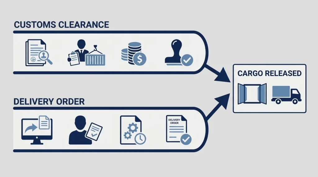 Diagram showing customs clearance and Delivery Order as separate parallel processes leading to cargo release