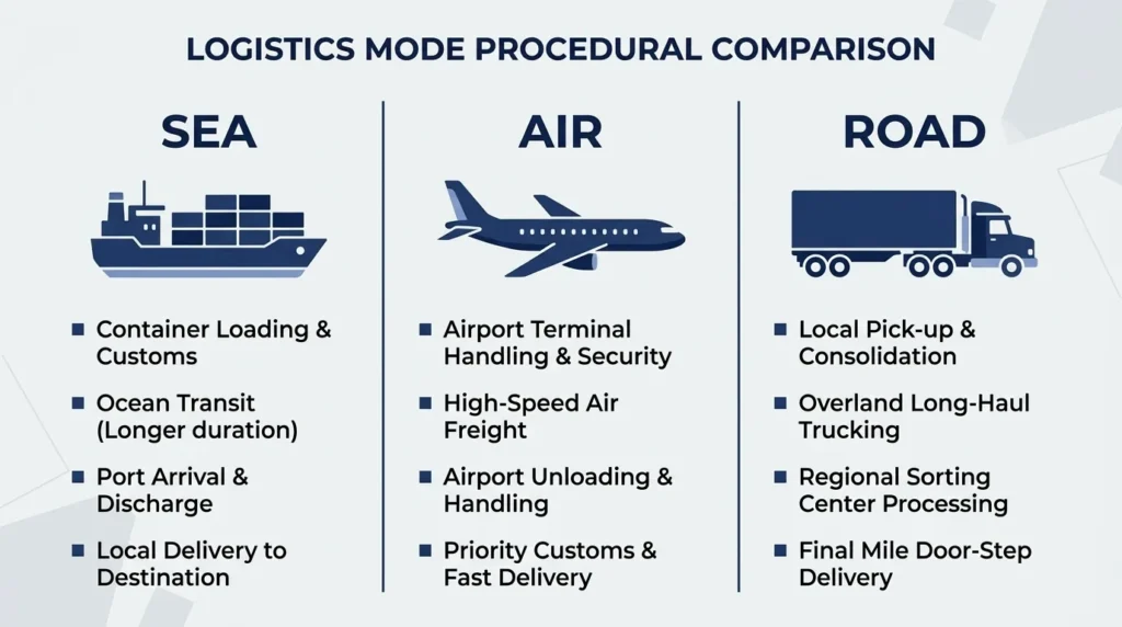 Comparison of sea, air, and road transport modes for import export in UAE