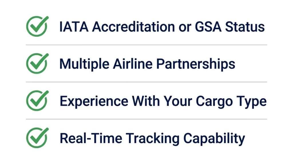 Checklist of what to look for in a cargo agent in Dubai - IATA accreditation, airline partnerships, cargo experience, real-time tracking