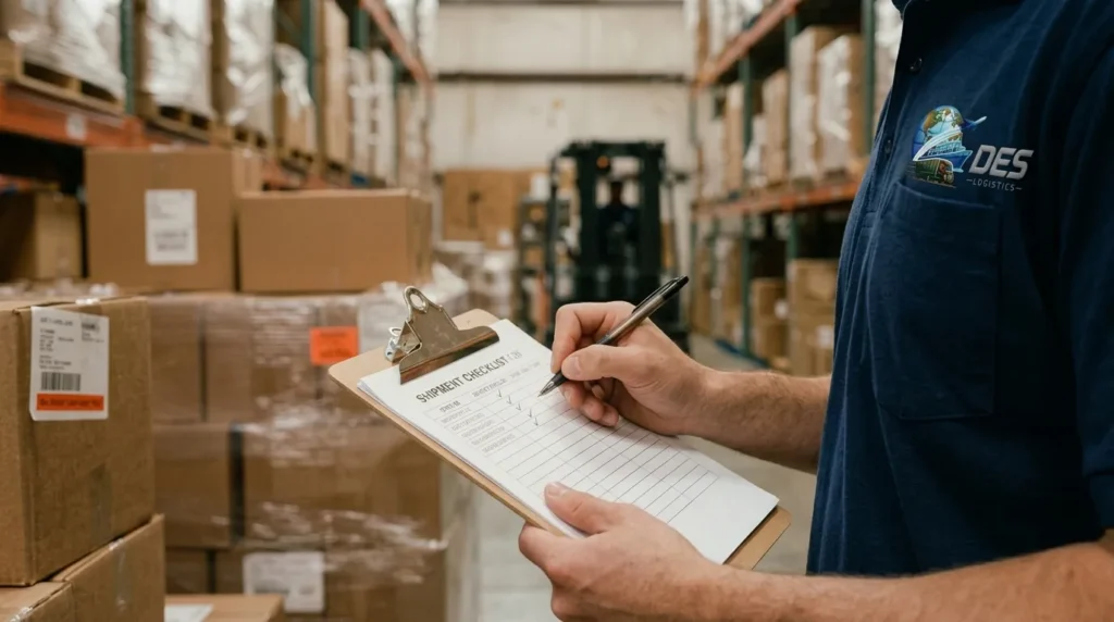 Des Logistics worker reviewing shipment checklist in warehouse