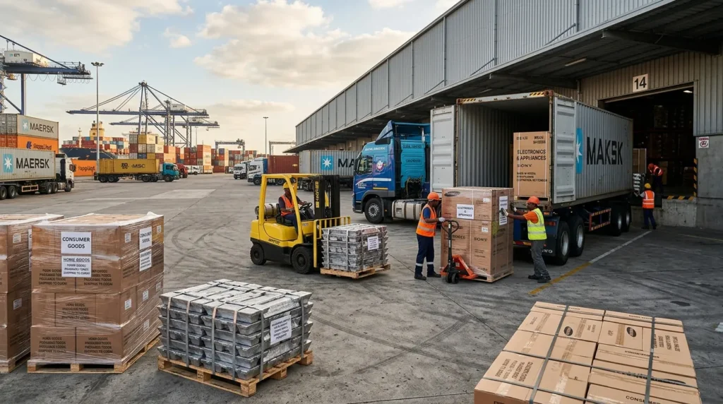 Export companies in Dubai loading electronics, consumer goods and aluminum for international trade