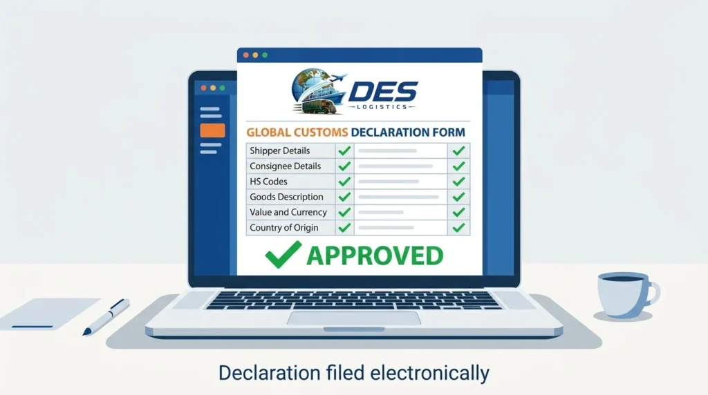 Laptop showing an approved electronic customs declaration form with the DES Logistics logo