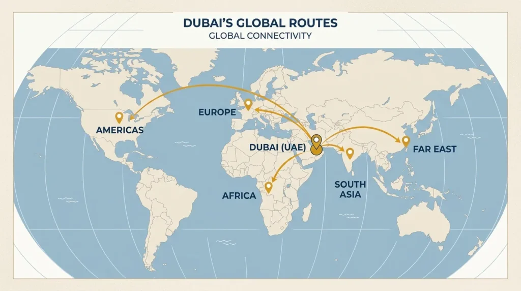 Map of Dubai's global shipping and trade routes
