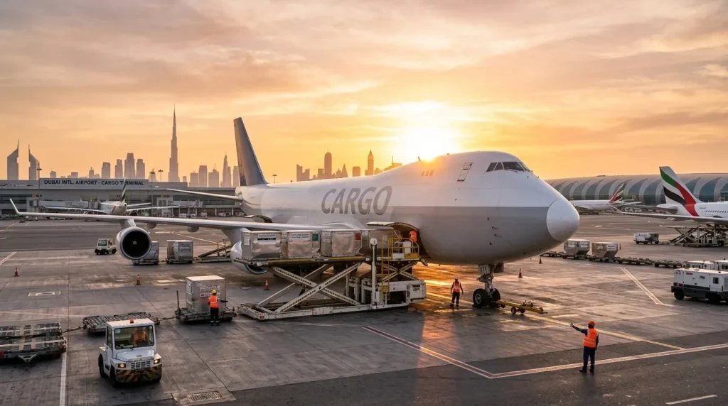 Cargo plane being loaded at Dubai airport cargo terminal at sunset