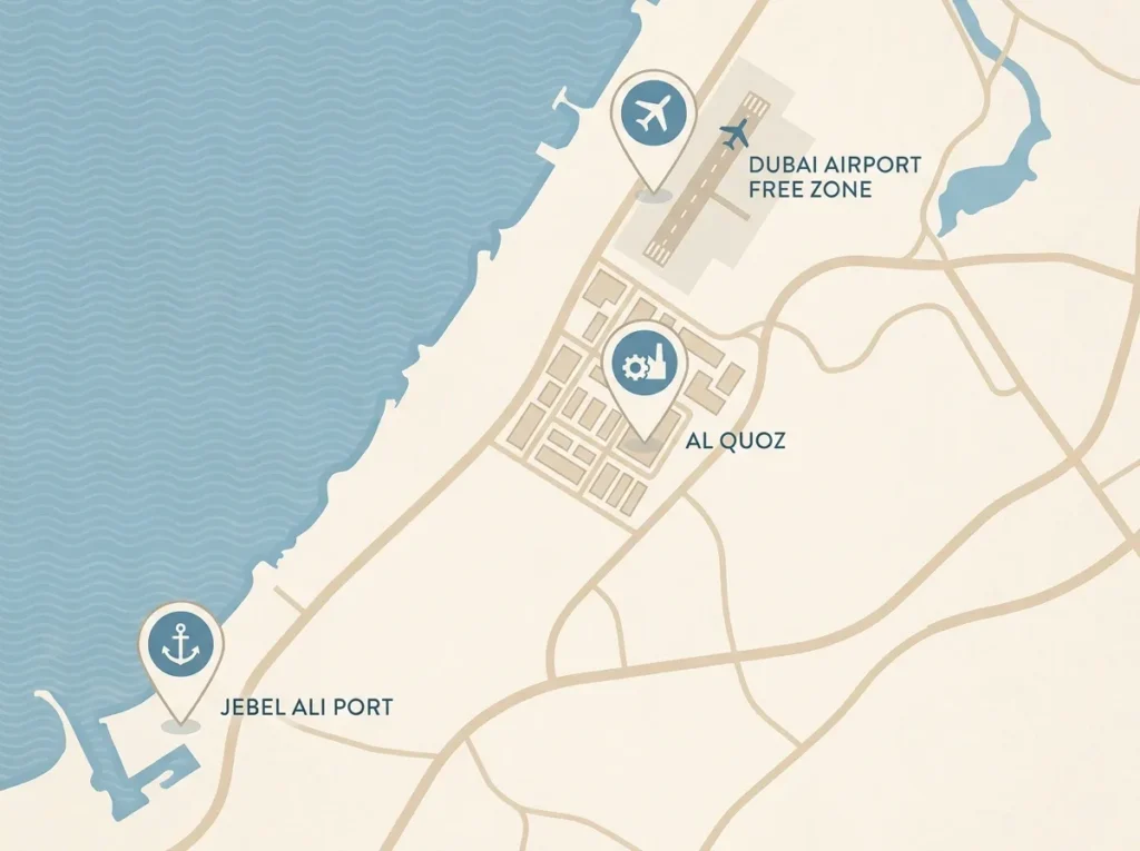 Map of Dubai logistics zones: Jebel Ali Port, Al Quoz, and Dubai Airport Free Zone