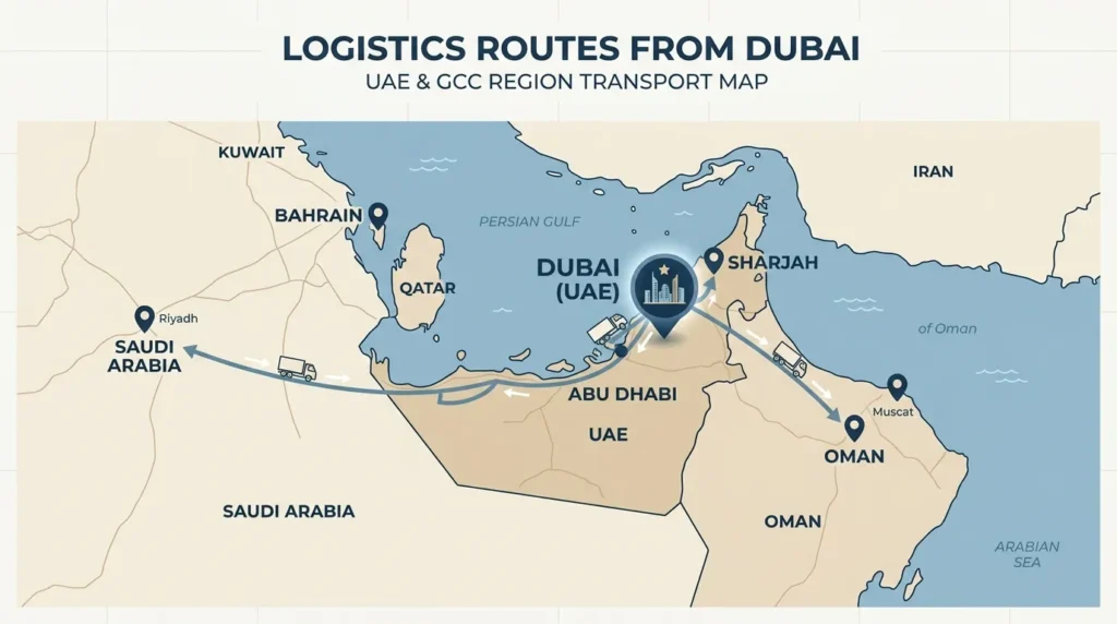 Map of logistics routes from Dubai across the UAE and GCC