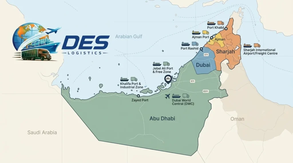 United Arab Emirates map showing Des Logistics ports and free zone coverage