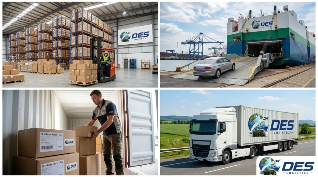 Des Logistics services collage – warehousing, RoRo shipping, parcel handling, road freight