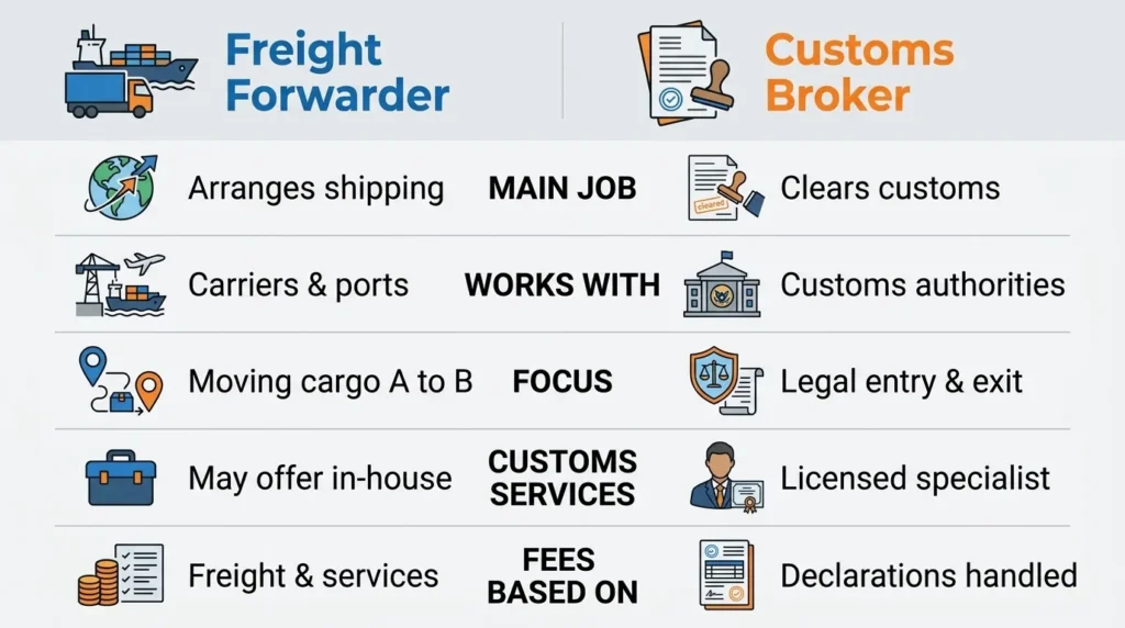 Comparison chart of freight forwarder vs customs broker: main job, works with, focus, customs services and fees