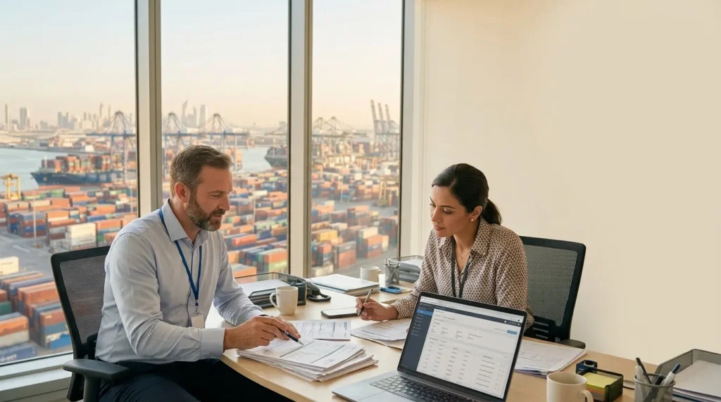 Clearing agent reviewing shipment documents with a client at office desk with Dubai port view