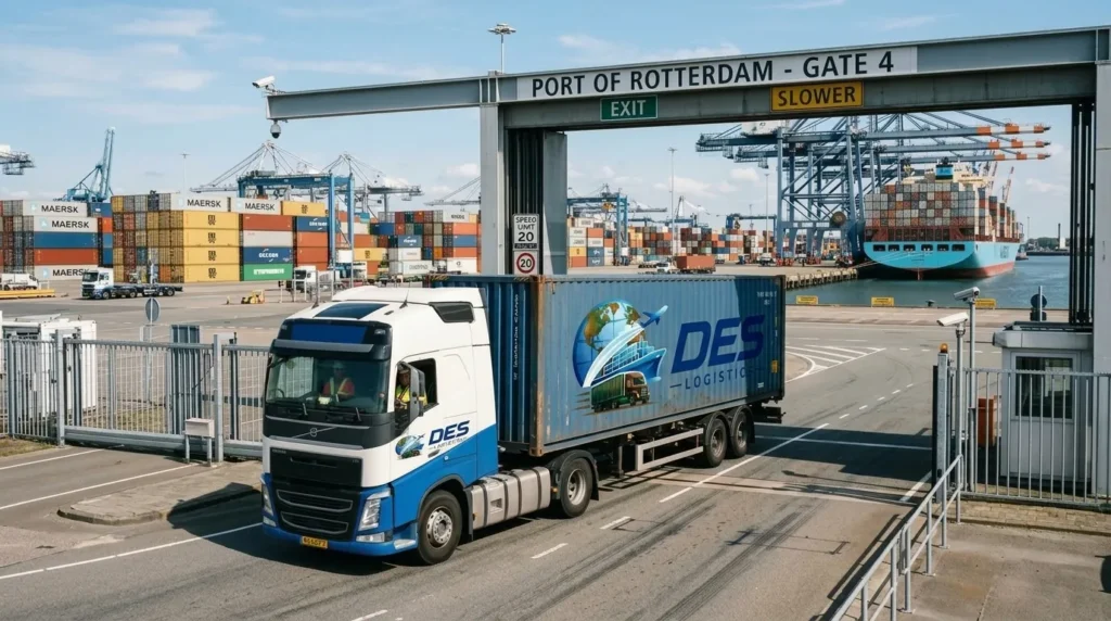 DES Logistics container truck at Port of Rotterdam gate