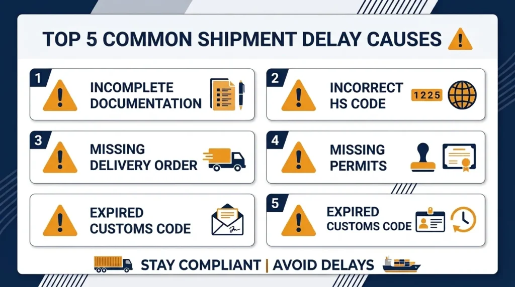 Infographic listing top 5 reasons for customs clearance delays in Dubai
