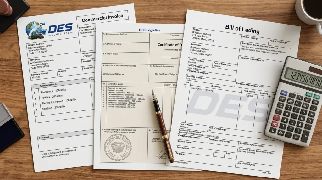 Import export documents flat lay - commercial invoice, certificate of origin, bill of lading