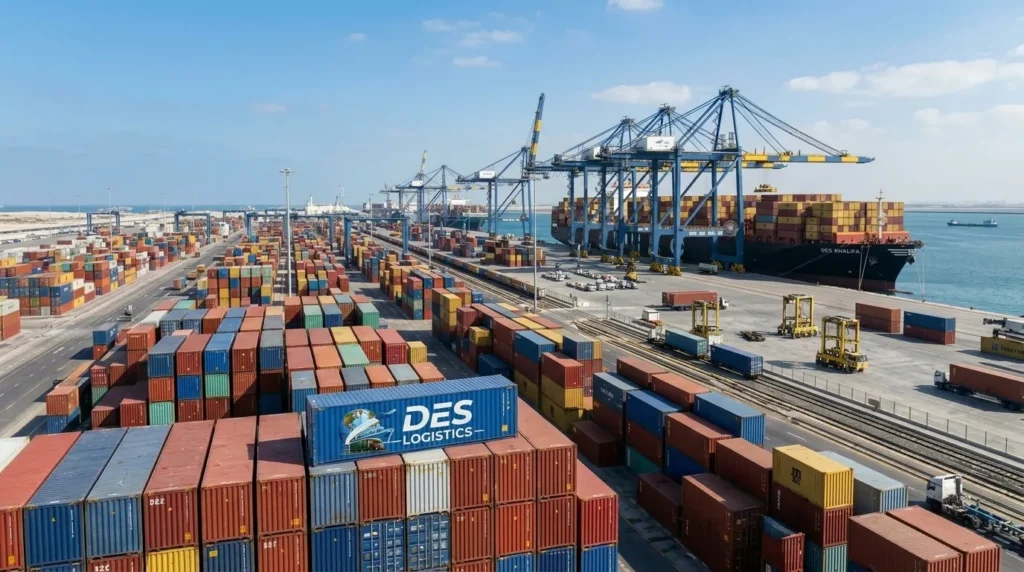 DES Logistics shipping containers stacked at port with DES Khalifa vessel
