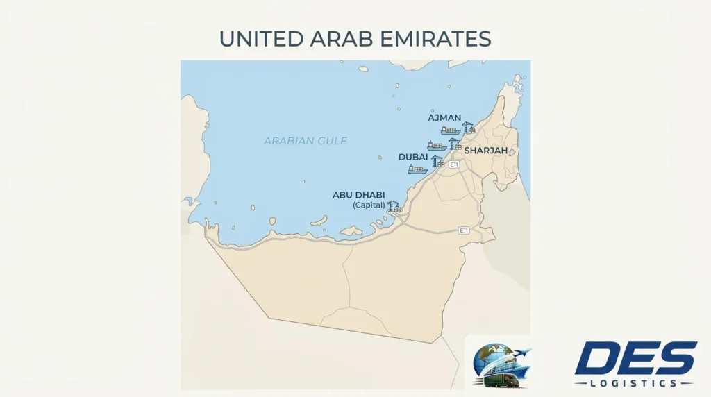 United Arab Emirates map showing Des Logistics port coverage in Dubai Abu Dhabi Sharjah Ajman