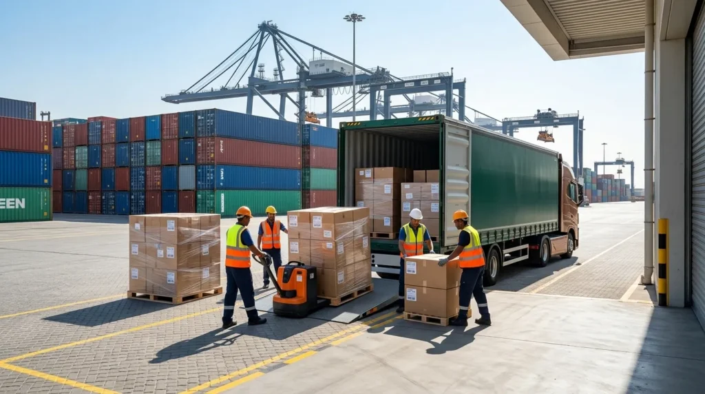 Cleared cargo being loaded onto delivery truck at Dubai port - customs clearance services
